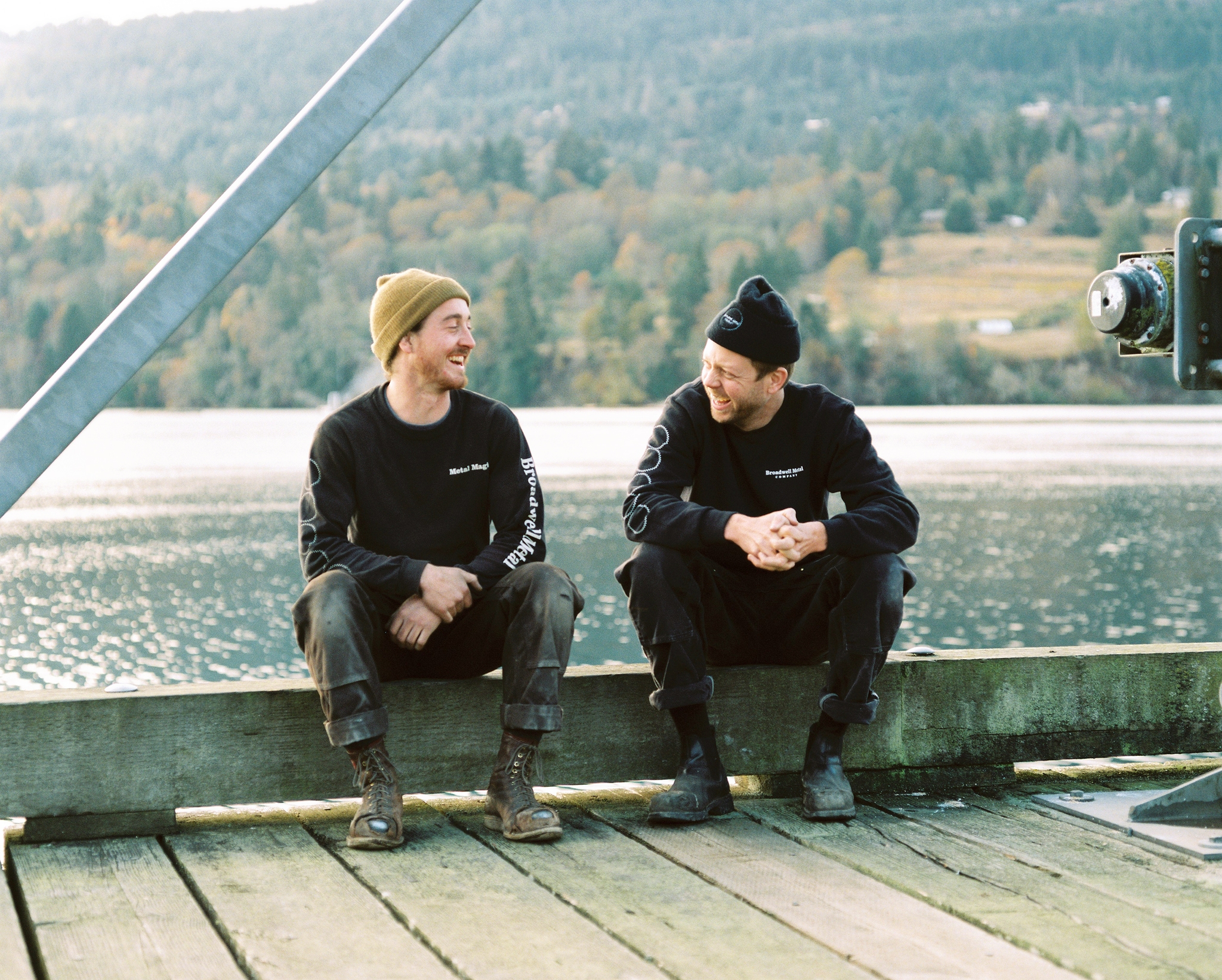 Broadwell Metal team laughing on Salt Spring ferry dock
